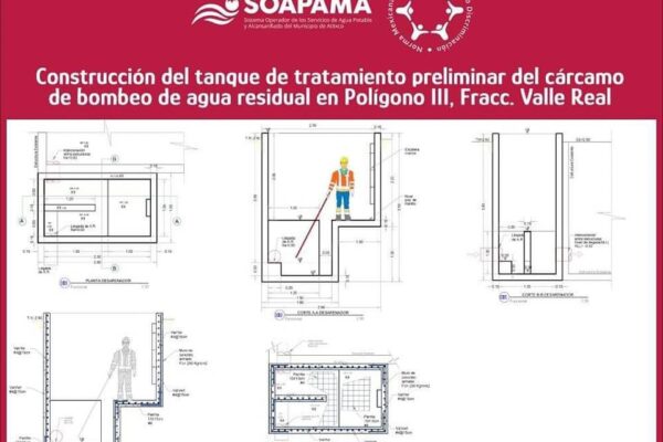Obra en la construcción del tanque de tratamiento preliminar del cárcamo de bombeo de agua residual.