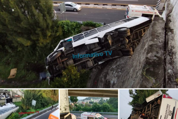 Vuelca autobús de transporte de personal en Tlaxcala; cinco lesionados.